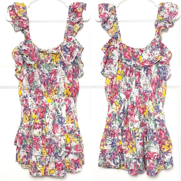 LOVESHACKFANCY Silk Cotton Floral Ruffle Trim Square Neck Mini Dress S - Picture 4 of 9